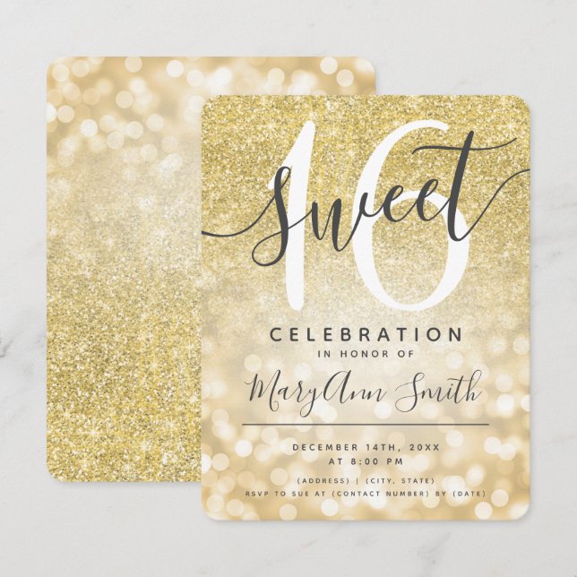 Gold Faux Glitter Glam Lights Sweet 16th  Invitation (Front/Back)