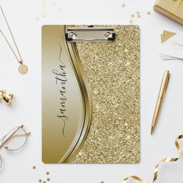 Gold Faux Glitter Handwritten Name Metal Monogram  Clipboard (Creator Uploaded)