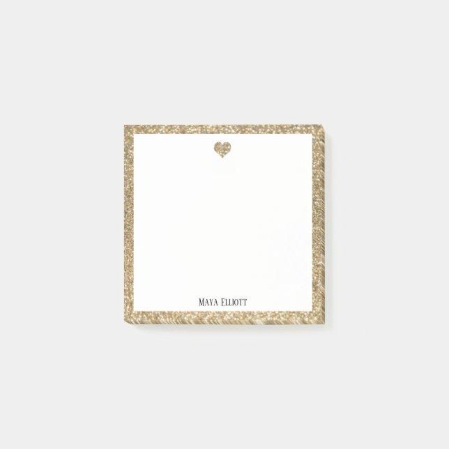 Gold Faux Glitter Heart & Border w/ White + Name Post-it Notes (Front)