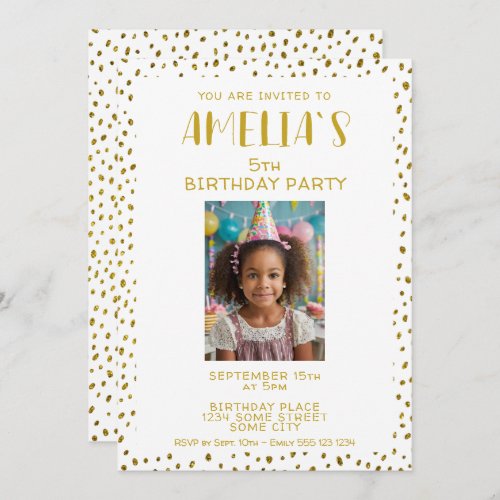Gold Faux Glitter Kids Girl Photo Birthday Invitation