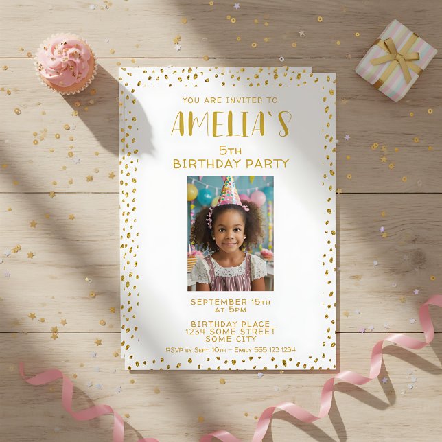 Gold Faux Glitter Kids Girl Photo Birthday Invitation (Creator Uploaded)