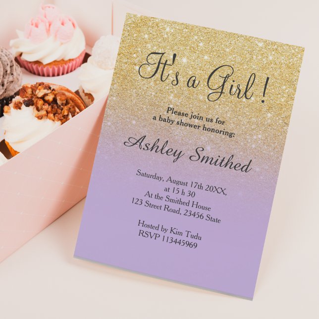 Gold faux glitter lavender ombre girl baby shower invitation
