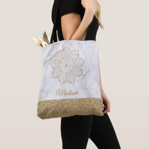 Gold Faux Glitter Mandala on Gray and White Marble Tote Bag