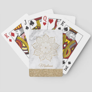 Gold Faux Glitter Mandala on Gray & White Marble Poker Cards