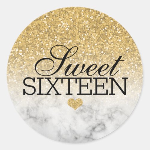 Gold Faux GlitterMarble Sweet 16 Classic Round Sticker