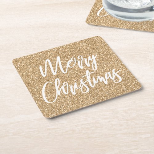 Gold Faux Glitter Merry Christmas Calligraphy Square Paper Coaster