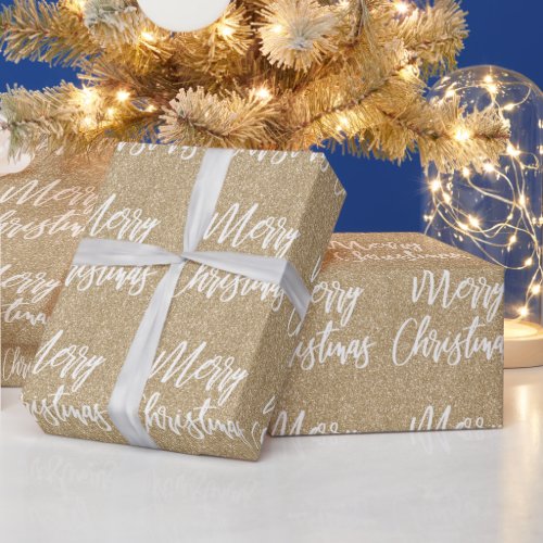 Gold Faux Glitter Merry Christmas Calligraphy Wrapping Paper