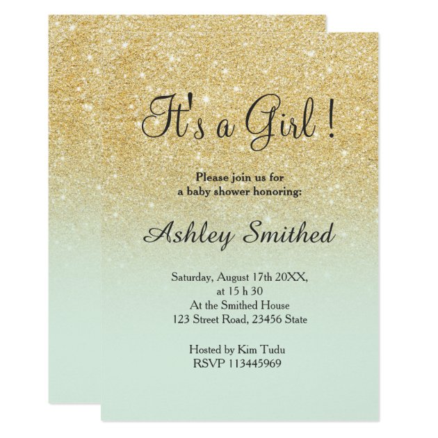 Gold Faux Glitter Mint Ombre Girl Baby Shower Invitation
