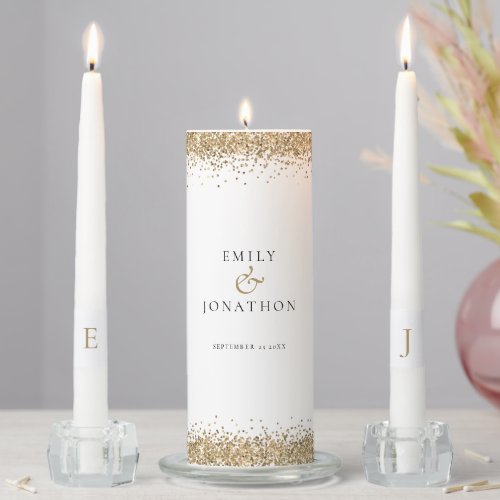 Gold Faux Glitter Names Date Initials Wedding Unity Candle Set
