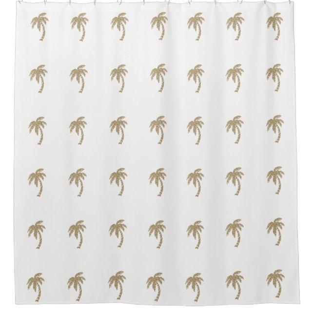 Gold Faux Glitter Palm Trees White Shower Curtain (Front)