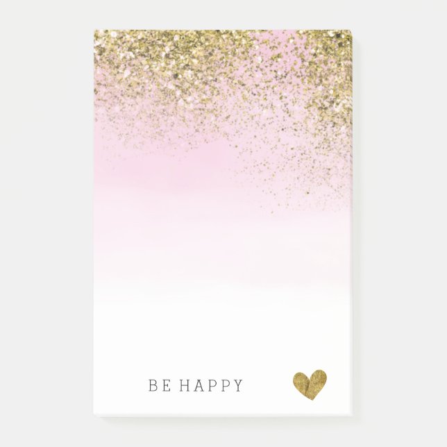 Gold Faux Glitter Pink Watercolor Personalized Post-it Notes (Front)