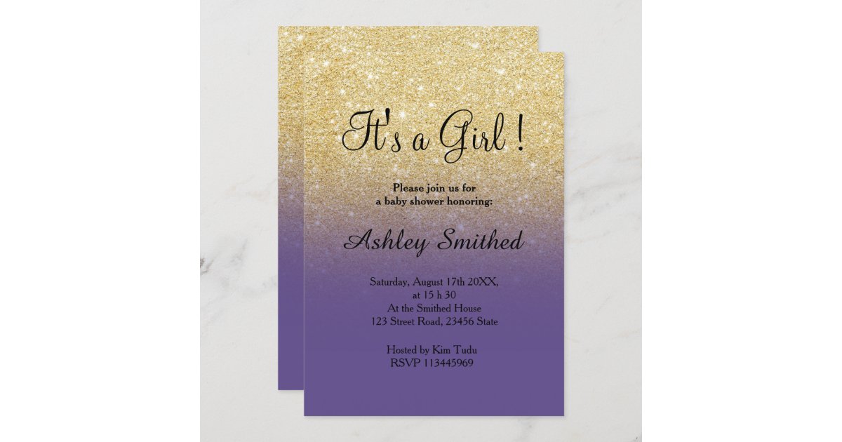 Gold faux glitter purple ombre girl baby shower invitation | Zazzle