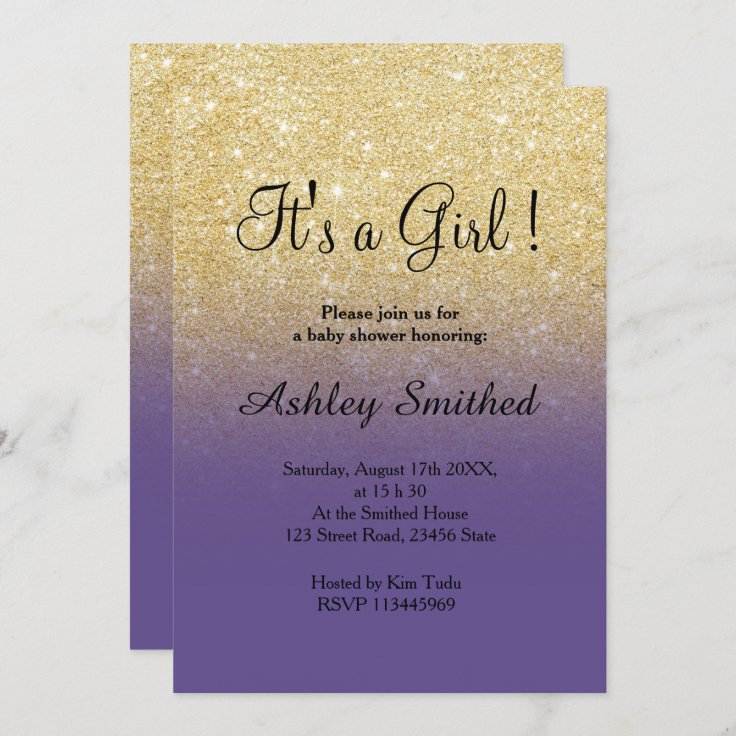 Gold faux glitter purple ombre girl baby shower invitation | Zazzle