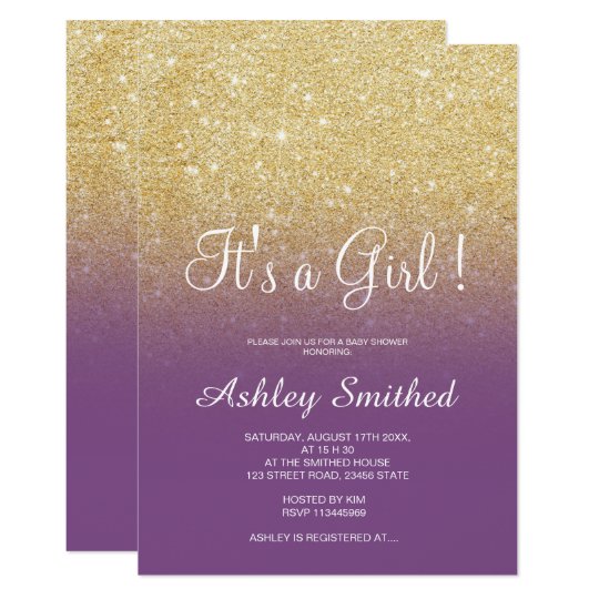 Gold Faux Glitter Purple Ombre Girl Baby Shower Invitation Zazzle Com