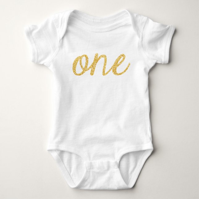 Gold Faux Glitter Script 1st Birthday Baby Bodysuit (Front)
