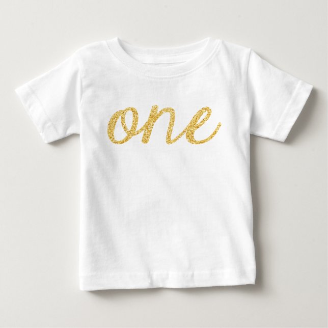 Gold Faux Glitter Script 1st Birthday Baby T-Shirt (Front)