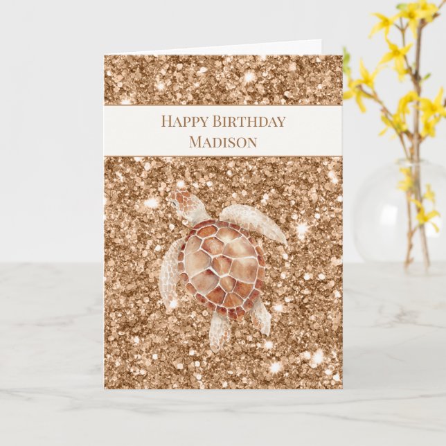 Gold Faux Glitter Sea Turtle Birthday Card (Yellow Flower)