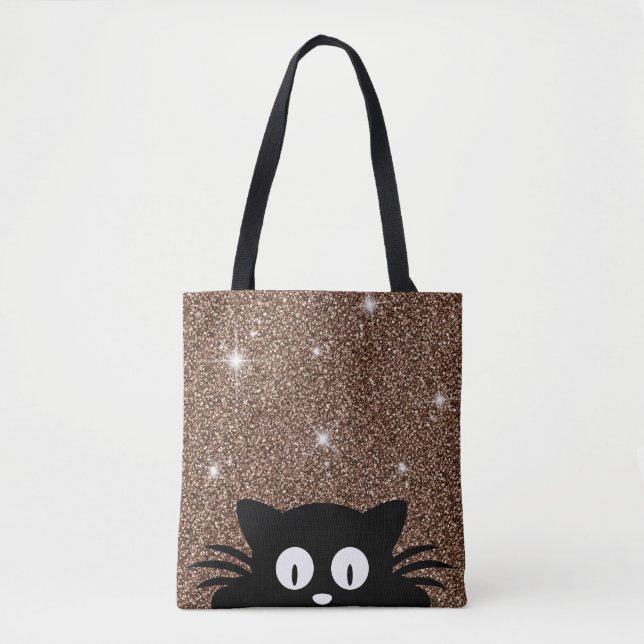 Gold Faux Glitter Shimmer Texture With A cat Tote Bag (Front)