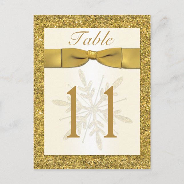 Gold FAUX Glitter Snowflake Table Number Card (Front)