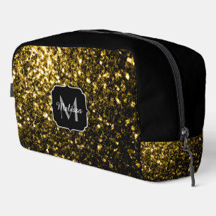 Gold faux glitter sparkles black Monogram Dopp Kit