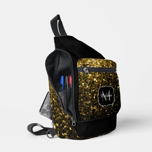 Gold faux glitter sparkles Black Monogram Sling Bag