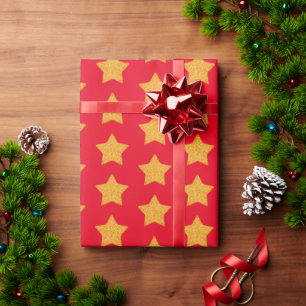 Gold Faux Glitter Star Pattern Red Gift Wrapping Paper