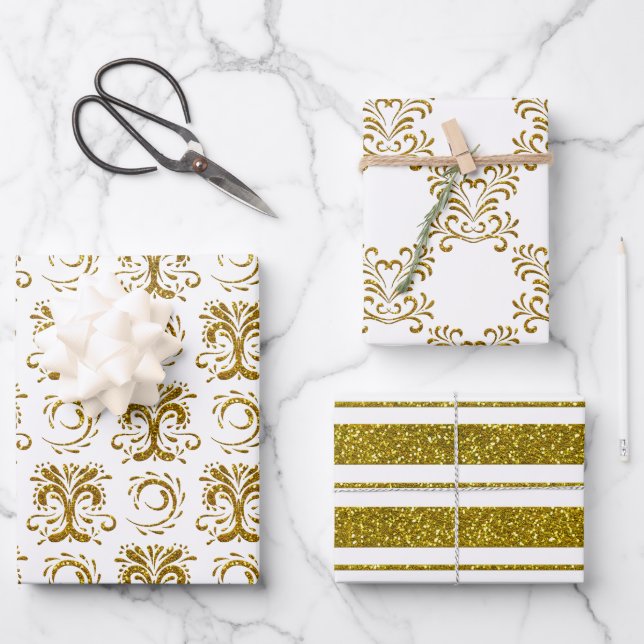 Gold Faux Glitter Stripes and Flourishes  Wrapping Paper Sheets (Front)