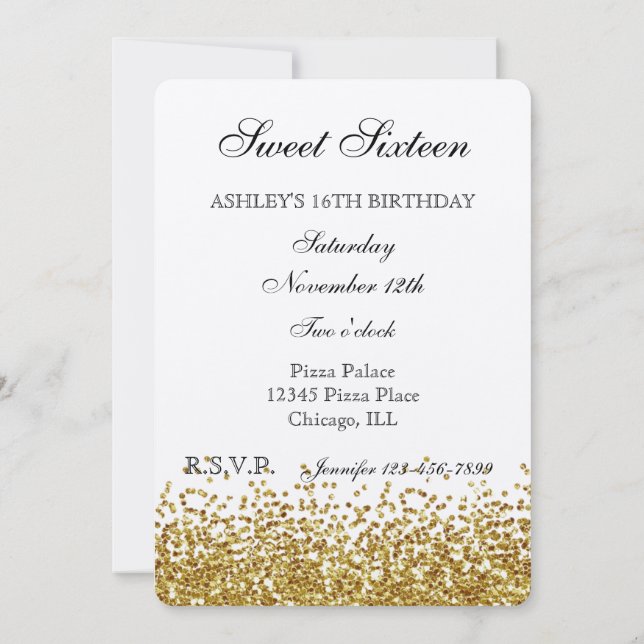 Gold Faux Glitter Sweet Sixteen Invitation (Back)