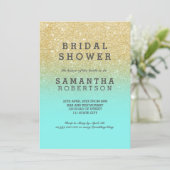 Gold faux glitter teal ocean chic bridal shower invitation (Standing Front)