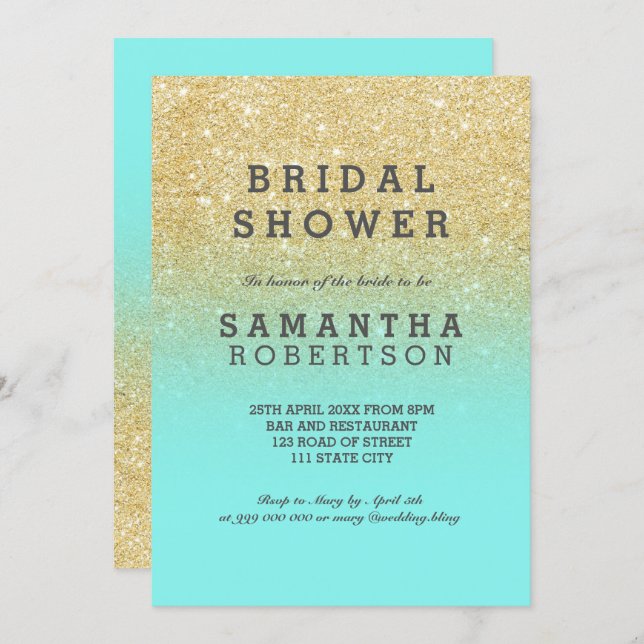 Gold faux glitter teal ocean chic bridal shower invitation (Front/Back)