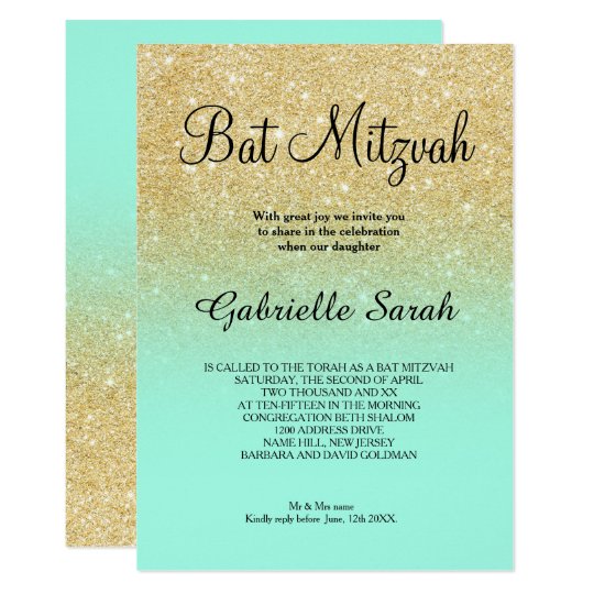 gold faux glitter turquoise ombre bat mitzvah invitation zazzle com
