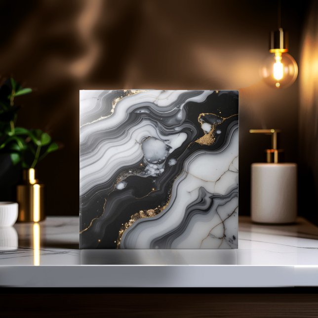 Gold Faux Glitter Veined B&W Marble ID1180b Ceramic Tile (Creator Uploaded)