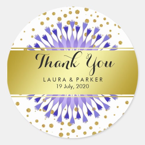 Gold Faux Glitter Violet Thank You Wedding Floral Classic Round Sticker