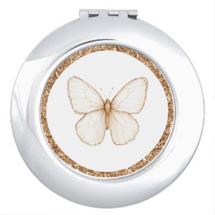 Gold Faux Glitter White Butterfly Compact Mirror