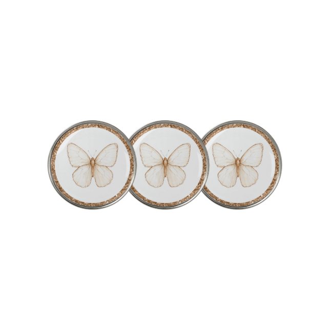 Gold Faux Glitter White Butterfly   Golf Ball Marker (3 Up)