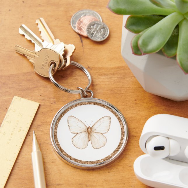 Gold Faux Glitter White Butterfly   Keychain (Desk)