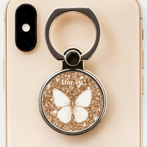 Gold Faux Glitter White Butterfly Phone Ring Stand