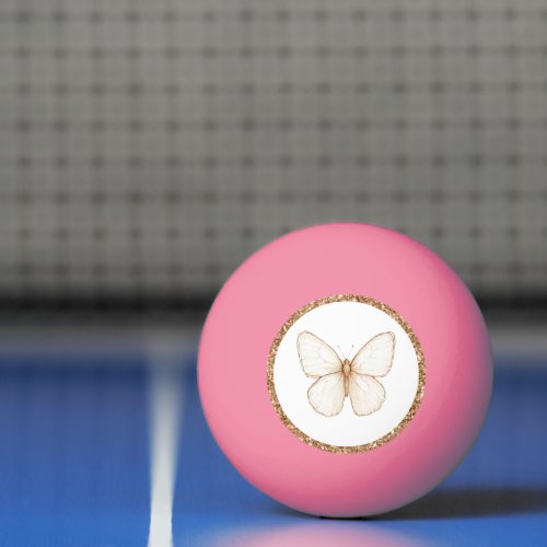 Gold Faux Glitter White Butterfly Ping Pong Ball