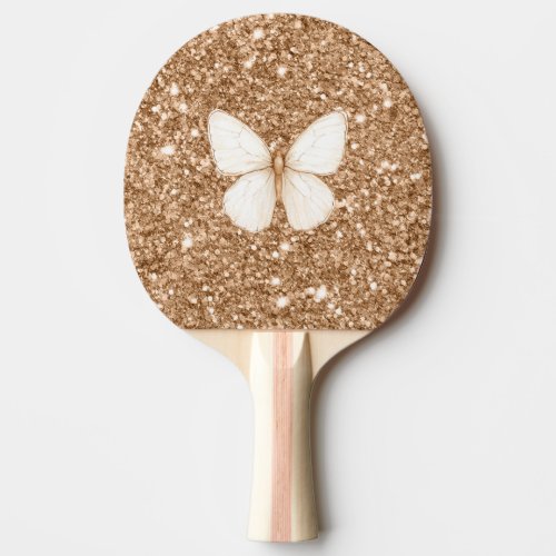 Gold Faux Glitter White Butterfly Ping Pong Paddle