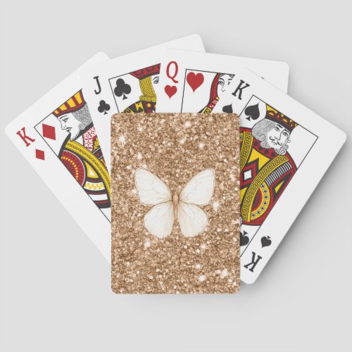 Gold Faux Glitter White Butterfly   Poker Cards