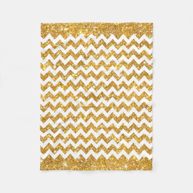 Gold Faux Glitter White Chevron Pattern Girly Fleece Blanket (Front)