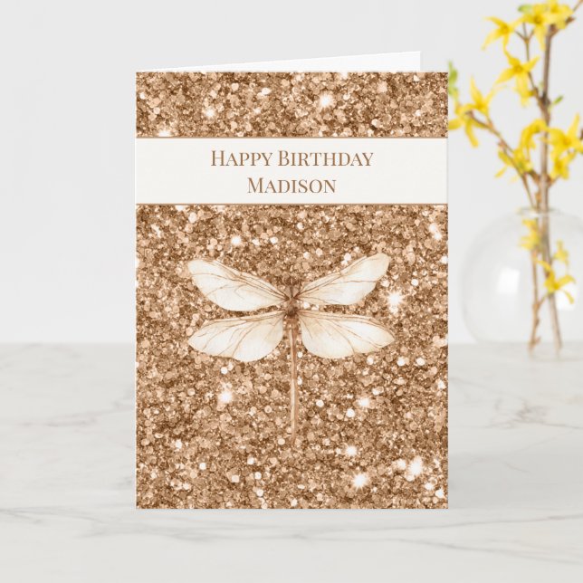 Gold Faux Glitter White Dragonfly Birthday Card (Yellow Flower)