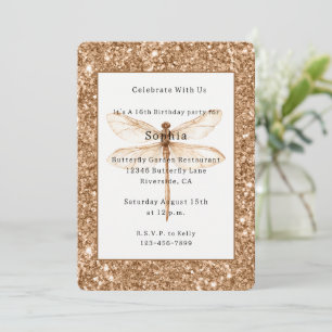 Gold Faux Glitter White Dragonfly Birthday Invitation