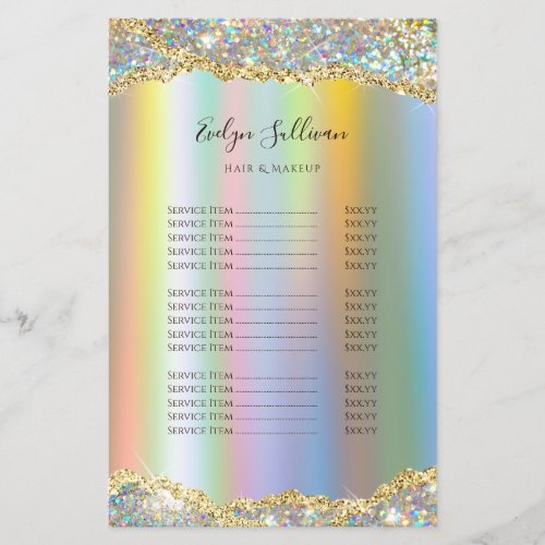 Gold faux iridescent glitter foil price list flyer