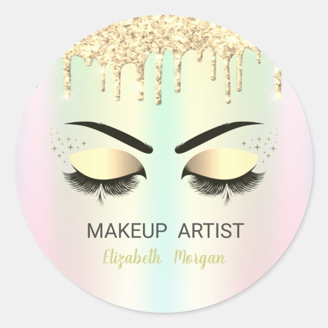 Gold Faux Lashes,Gold Drips Holographic Classic Round Sticker (Front)