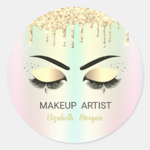 Gold Faux Lashes,Gold Drips Holographic Classic Round Sticker