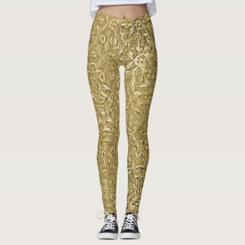 Gold Faux Metallic Geometric Patterned Leggings