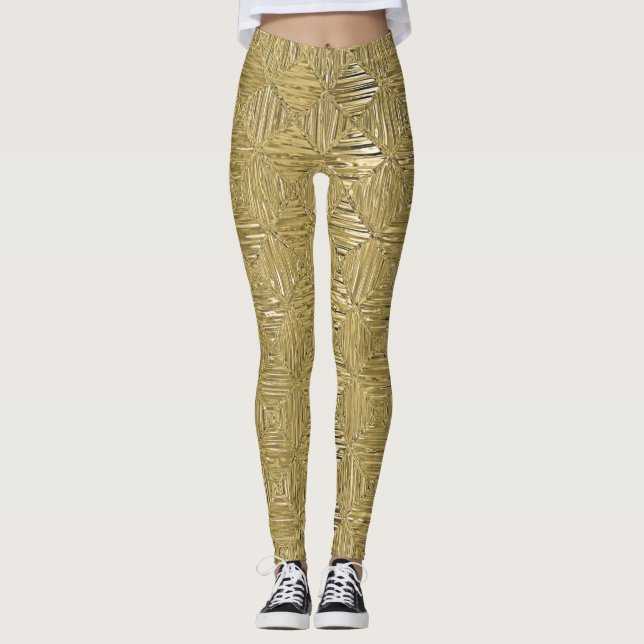 Gold Faux Metallic Geometric Patterned Leggings (Front)