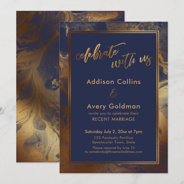 Gold Faux Metallic Navy Marble Celebrate with Us Invitation (Front/Back)