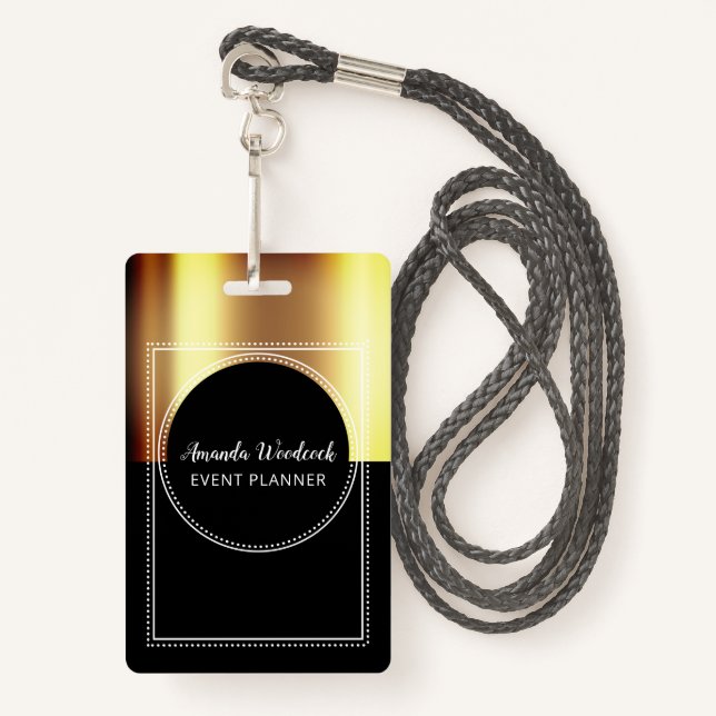 Gold Faux Metallic On Black Event Planner Name Badge (Front with Lanyard)
